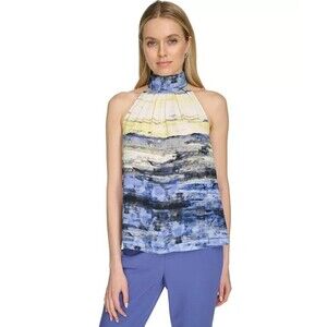 Calvin Klein Women's Printed Halter Neck Top Blouse Casual Formal Blue Multi XS